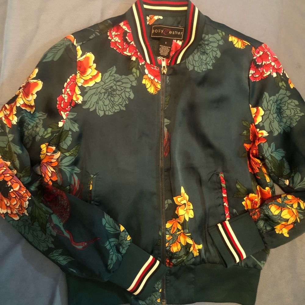 Green Floral color Jacket waist length to pair with anything! Size S
